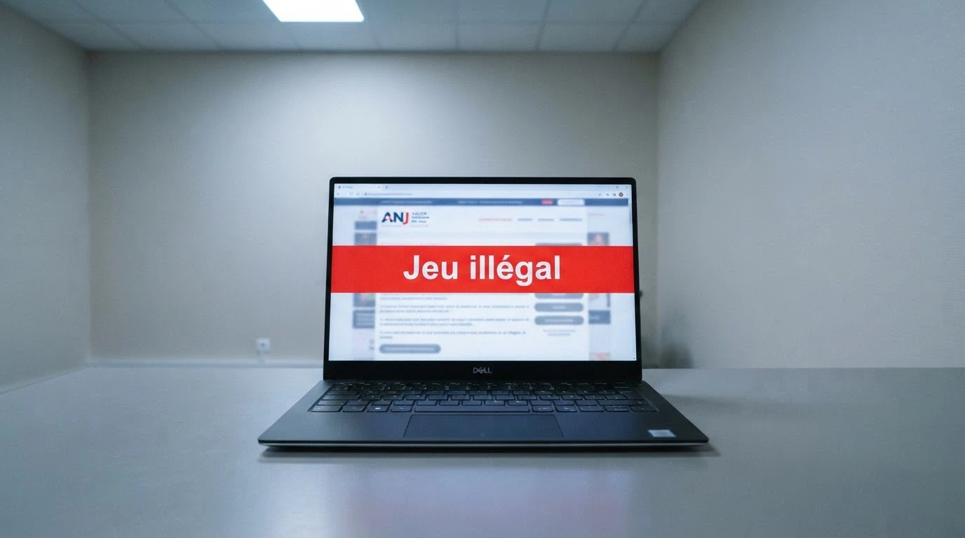 Logo officiel de l'ANJ à côté d'un message d'avertissement « casino en ligne illégal » sur écran