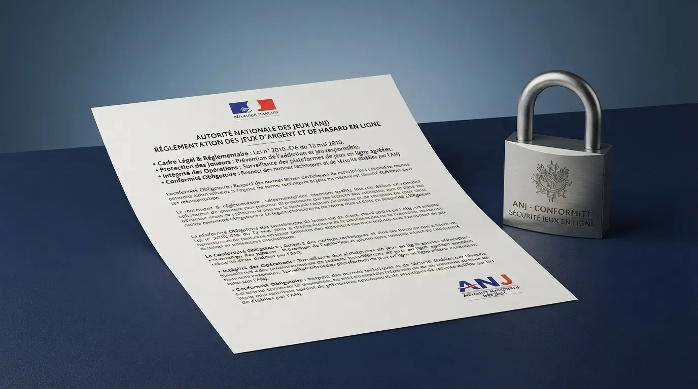 Le logo de l'ANJ sur un fond bleu institutionnel, à côté d'un extrait de texte de loi français