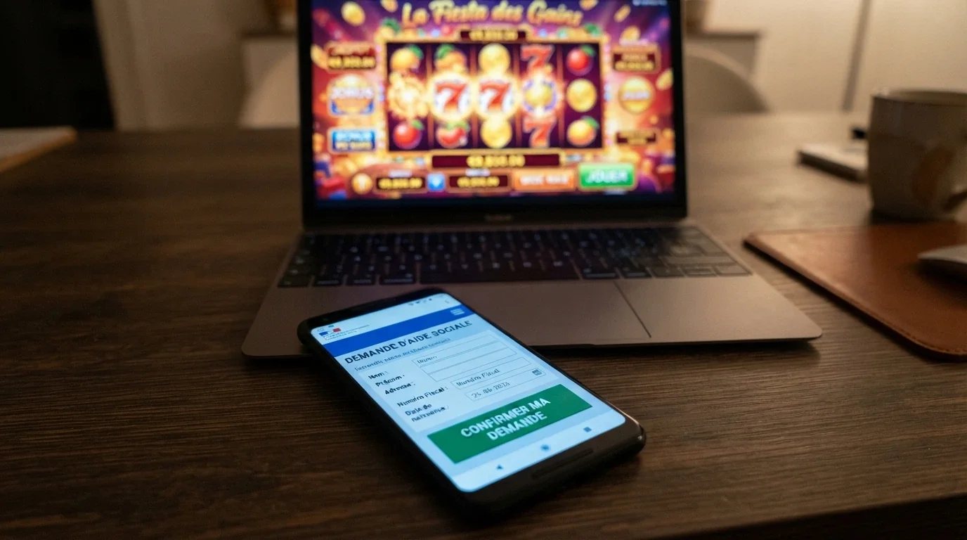 Un téléphone posé sur une table affichant le site anj.fr avec le formulaire d'interdiction volontaire, tandis qu'un deuxième écran en arrière-plan montre un casino en ligne ouvert