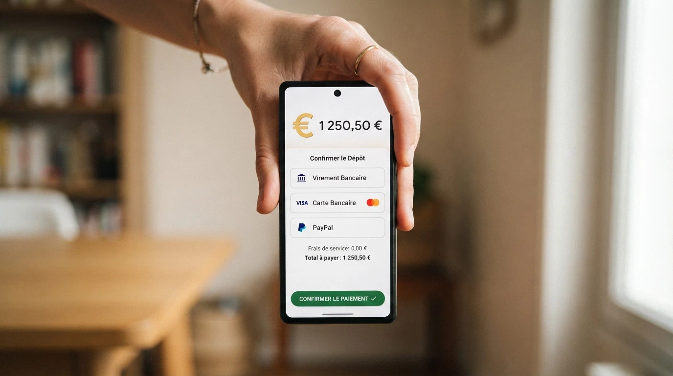 Main tenant un smartphone affichant l'écran de dépôt Jeton Wallet avec les options de montant et de méthode de paiement