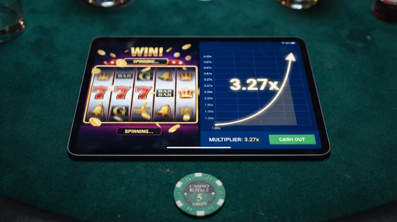 Interface de casino en ligne affichant une grille de machines à sous colorées à côté de la courbe ascendante d'un crash game