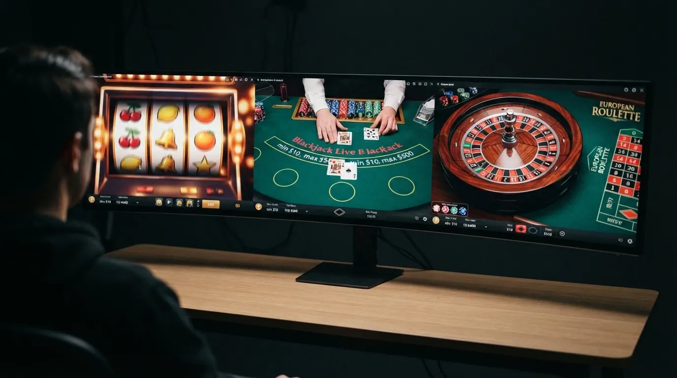 Écran partagé en trois colonnes montrant une machine à sous colorée, une table de blackjack avec croupier en live, et une roulette européenne