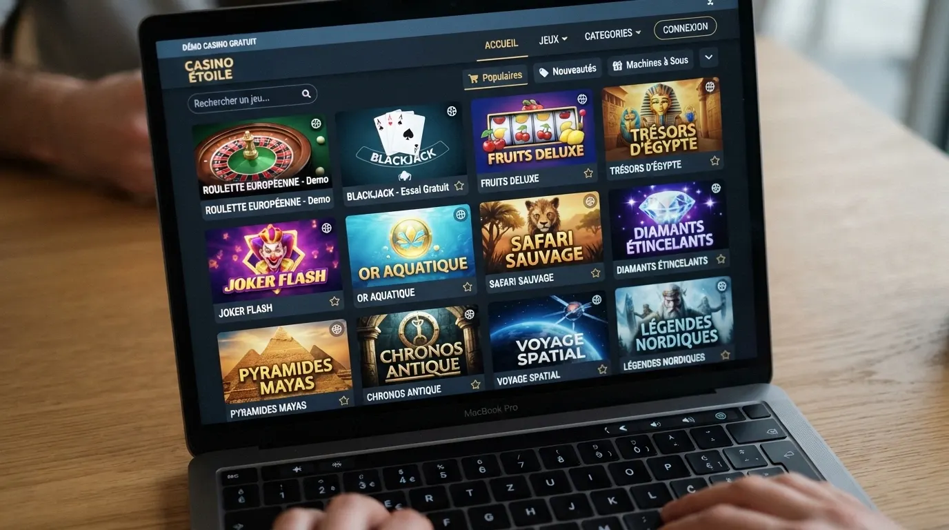 Une sélection de vignettes de jeux de casino gratuits — une roulette, une main de blackjack et trois slots aux thèmes variés — alignées dans une interface de portail de démonstration