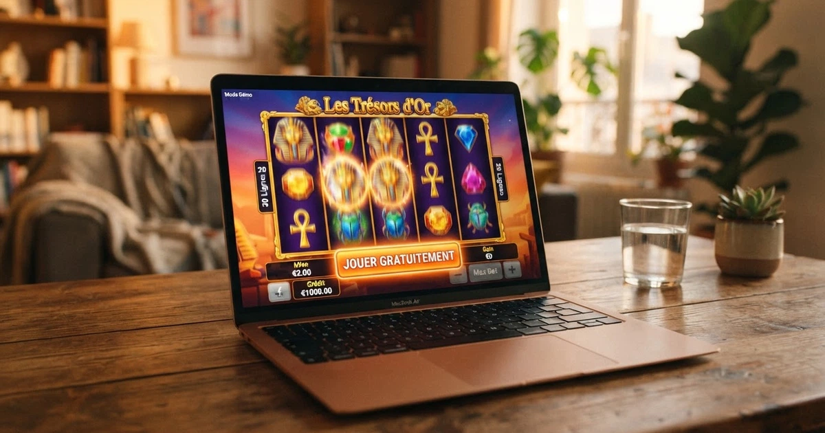 Une machine à sous colorée affichée en mode démo dans un navigateur, avec le bouton « jouer gratuitement » visible et aucun champ d'inscription à l'écran