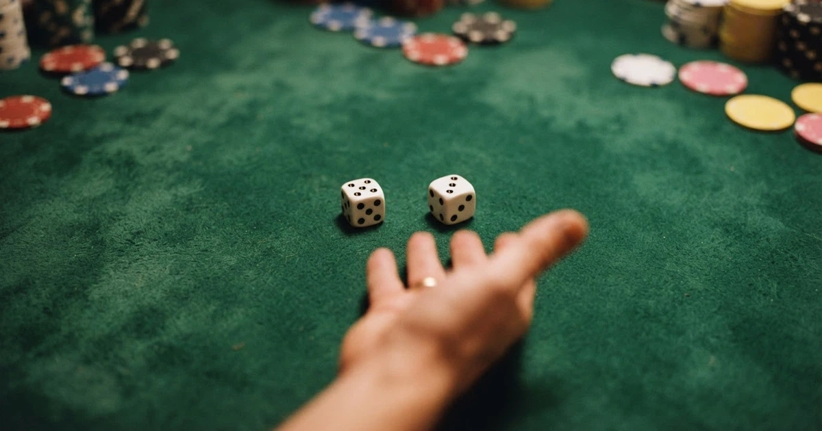 Une table de jeu de dés de casino avec deux dés blancs sur un tapis vert, vue du dessus