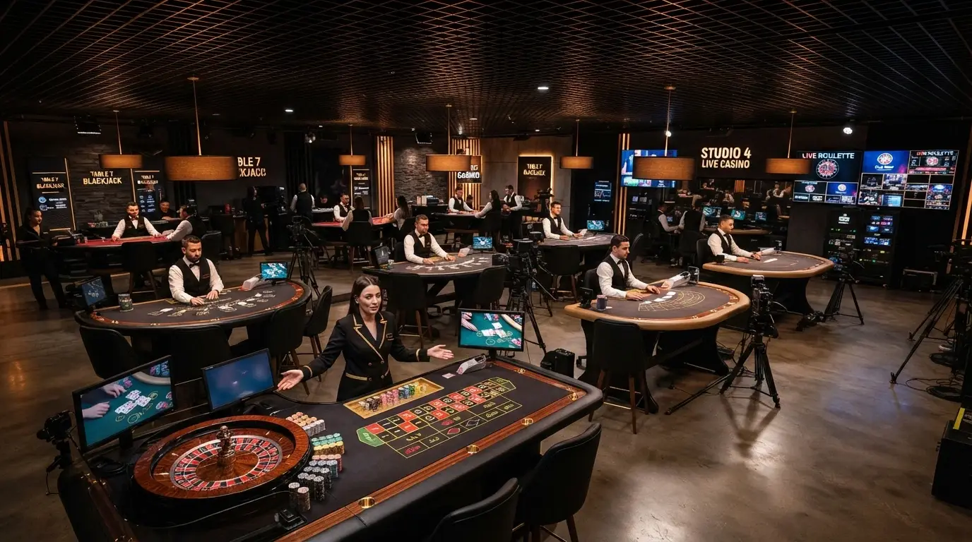 Une vue d'ensemble d'un studio de casino en direct avec plusieurs tables simultanées — roulette, blackjack et baccarat — des croupiers en action et des écrans de mise