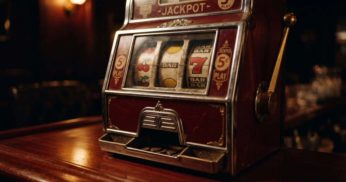 Une machine à sous classique à trois rouleaux affichant des symboles fruits, BAR et 7 sur un écran, avec le levier latéral historique