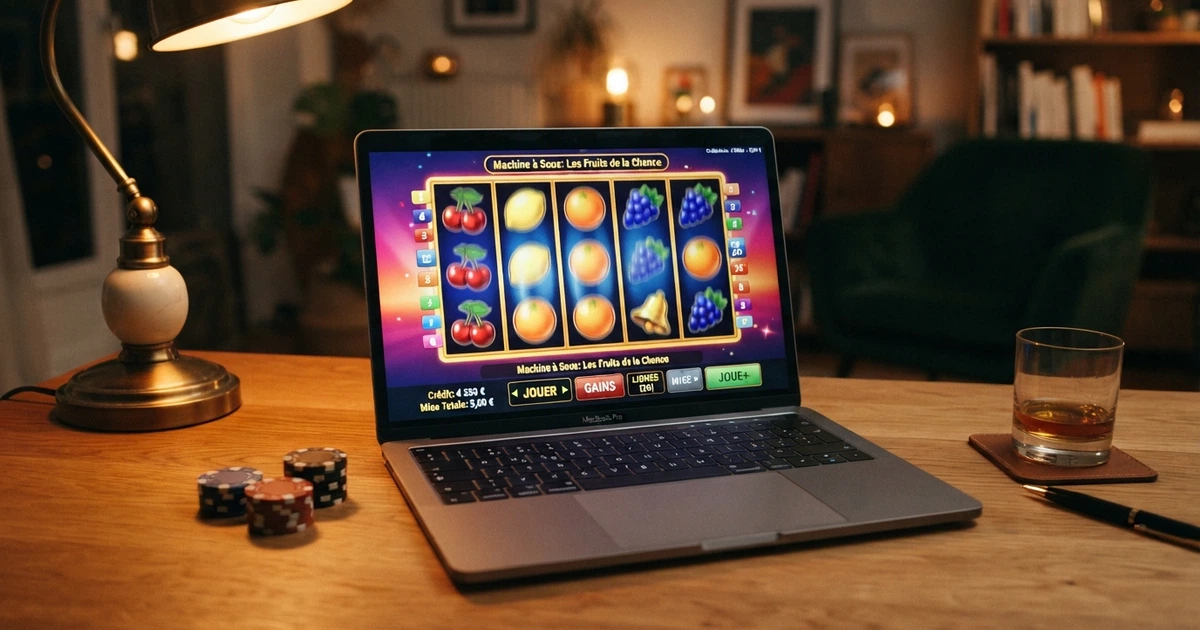 Une machine à sous virtuelle à cinq rouleaux affichant des symboles colorés sur un écran, avec l'interface de crédits virtuels en évidence
