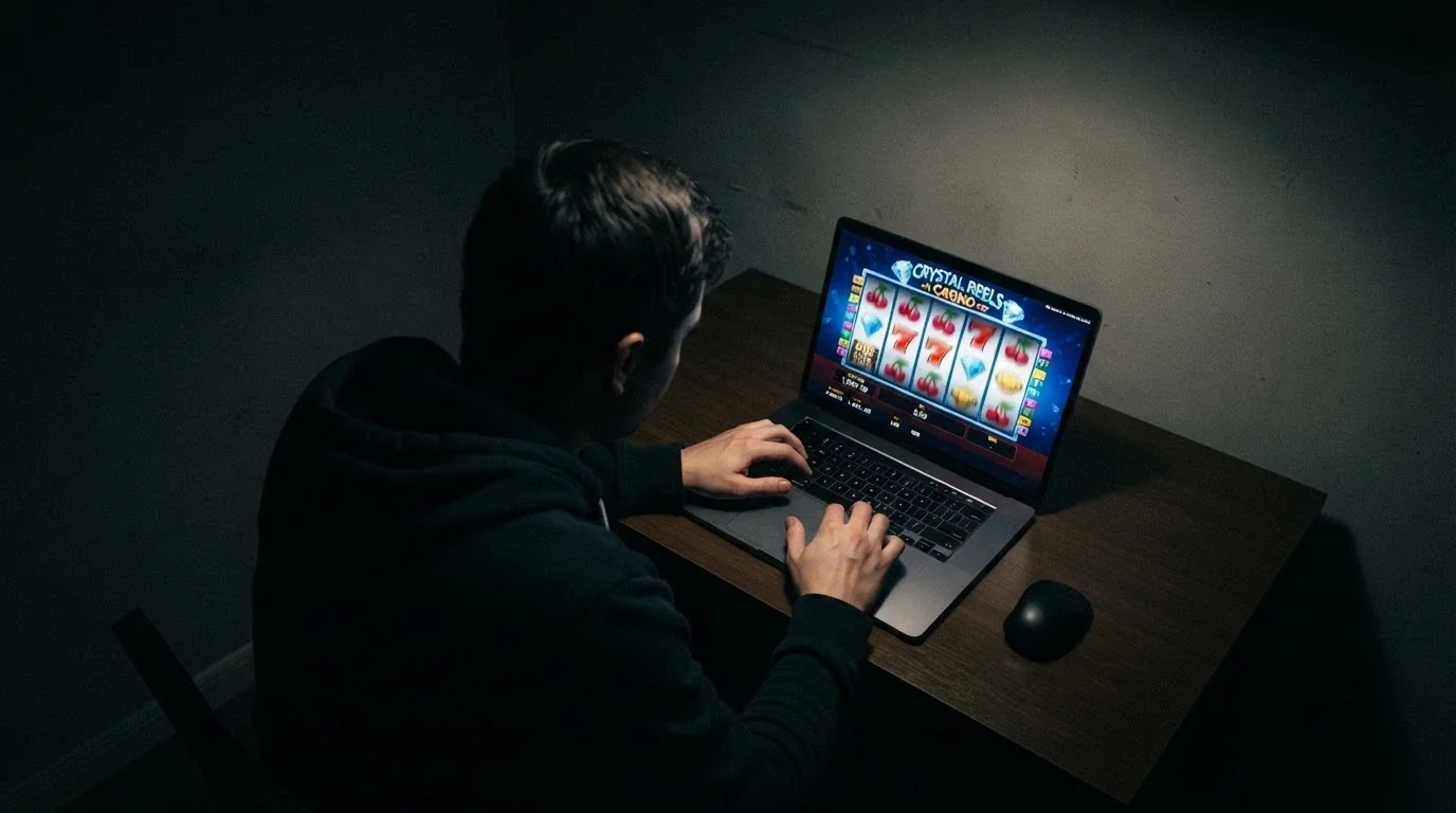 Un joueur seul face à son écran, l'interface de casino visible, sans indicateur de limite de session ni de dépôt — une expérience sans garde-fou