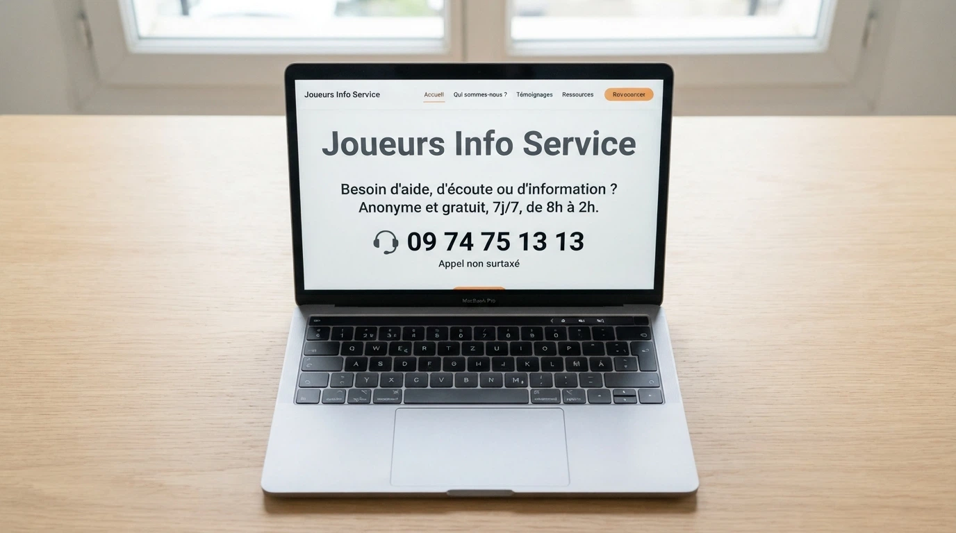 Interface d'accueil du site Joueurs Info Service avec le numéro d'appel 09 74 75 13 13 visible à l'écran
