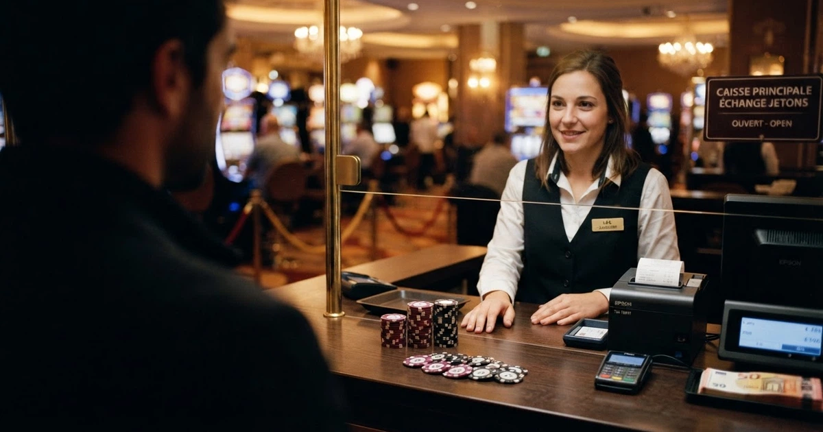 Un joueur debout face au caissier d'un casino terrestre français, des jetons empilés et des billets de 50 € posés sur le comptoir