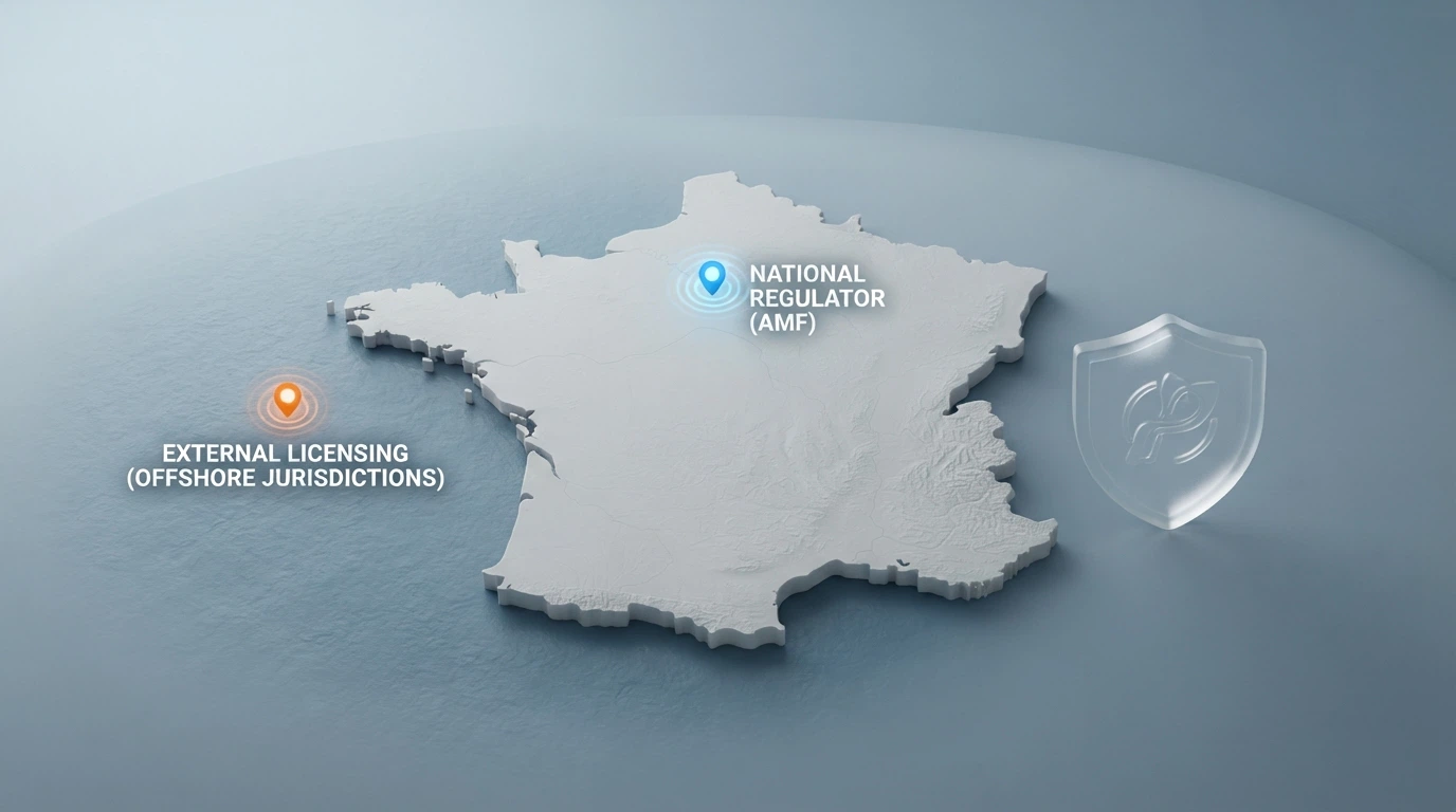 Une carte de la France avec les juridictions de licence (Curaçao, ANJ) reliées aux casinos en ligne
