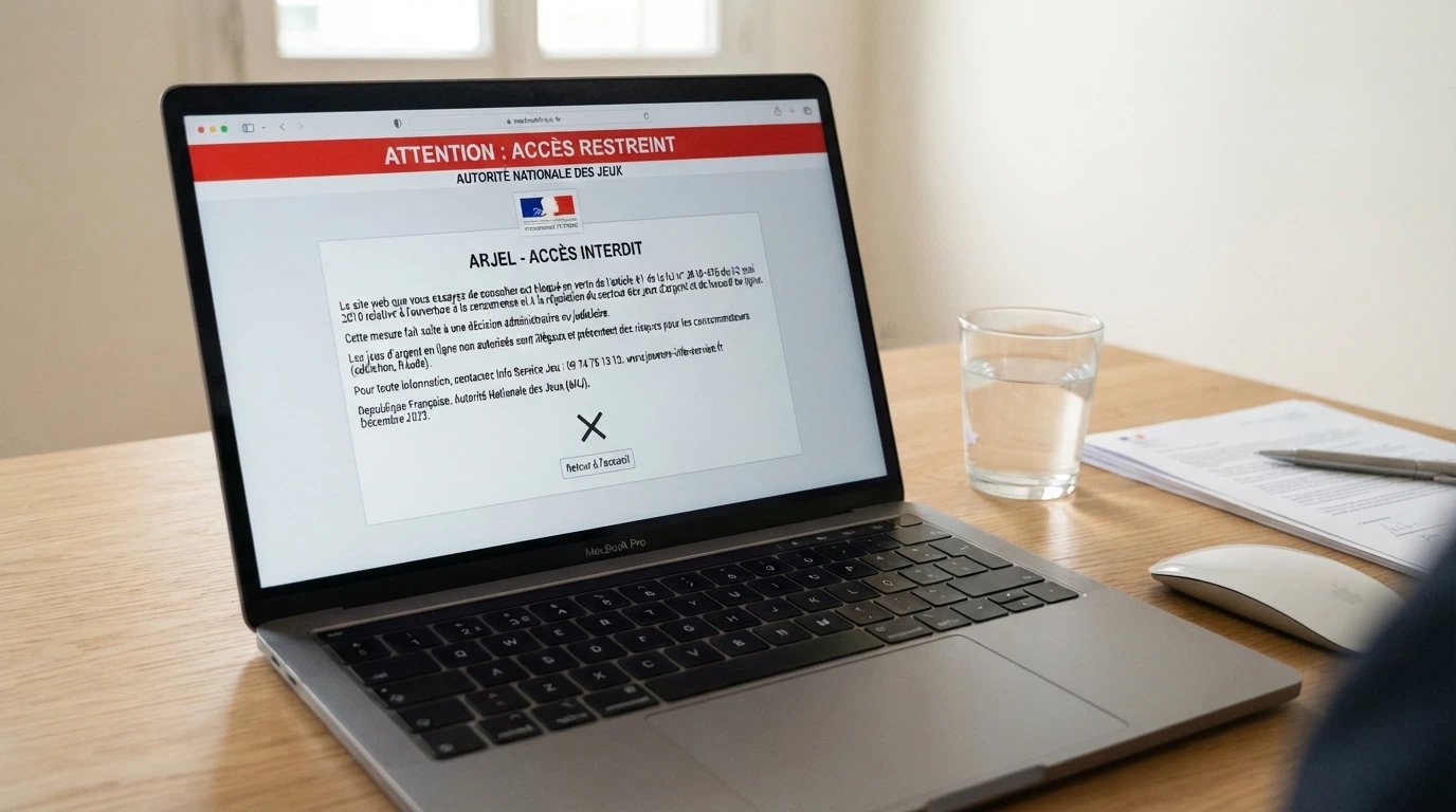 Écran montrant le site de l'ANJ et un message d'avertissement sur les jeux d'argent illégaux, logo ANJ visible