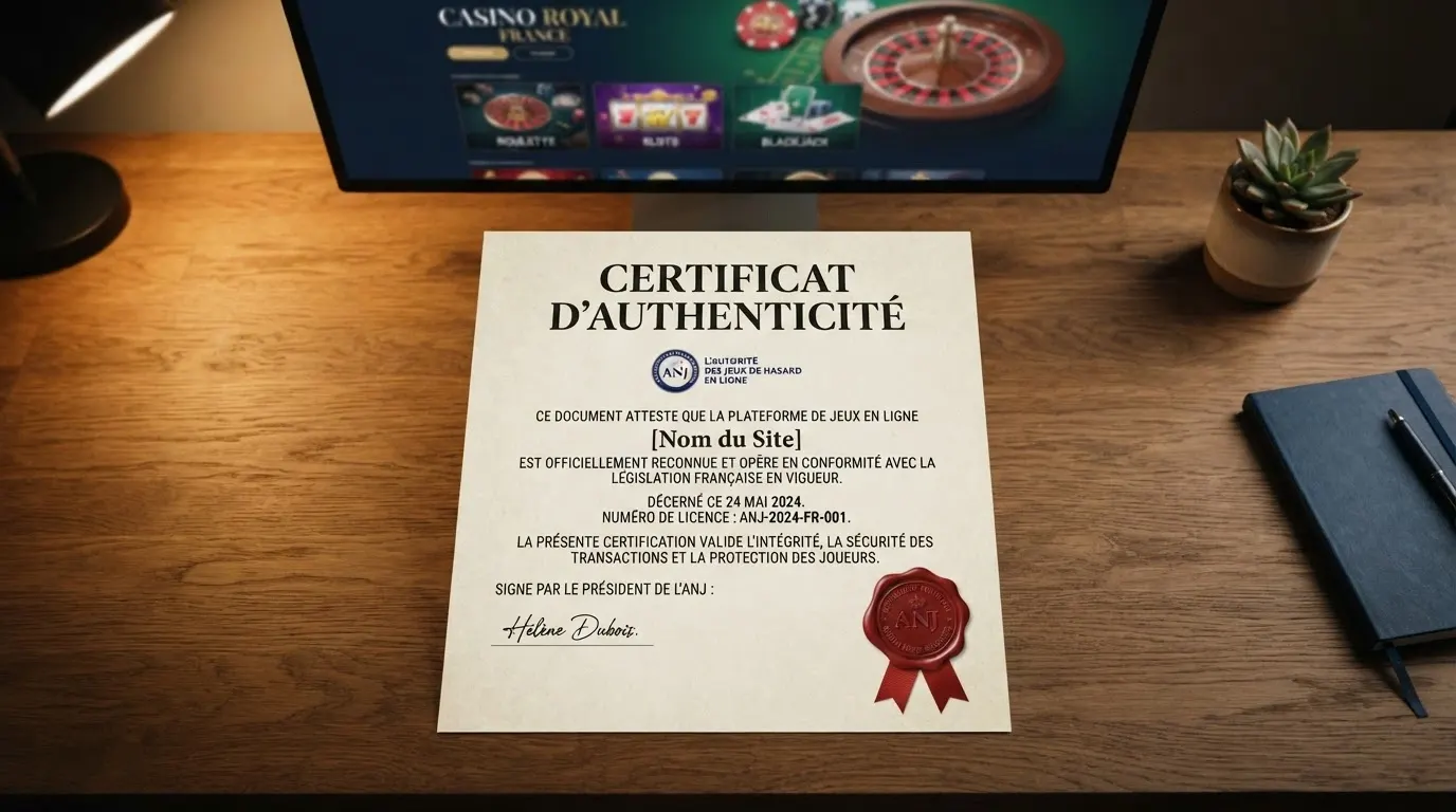 Un document officiel portant le logo de l'ANJ posé sur un bureau, en arrière-plan flouté des logos de casinos en ligne barrés d'un trait rouge