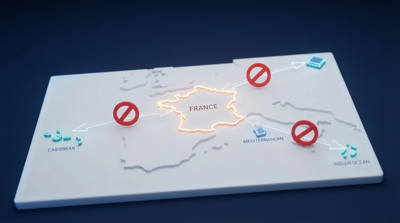 Une carte géographique stylisée montrant les juridictions de licence (Curaçao, Anjouan, Malte) reliées par des flèches à la France, avec un tampon rouge « non agréé ANJ » sur chaque liaison