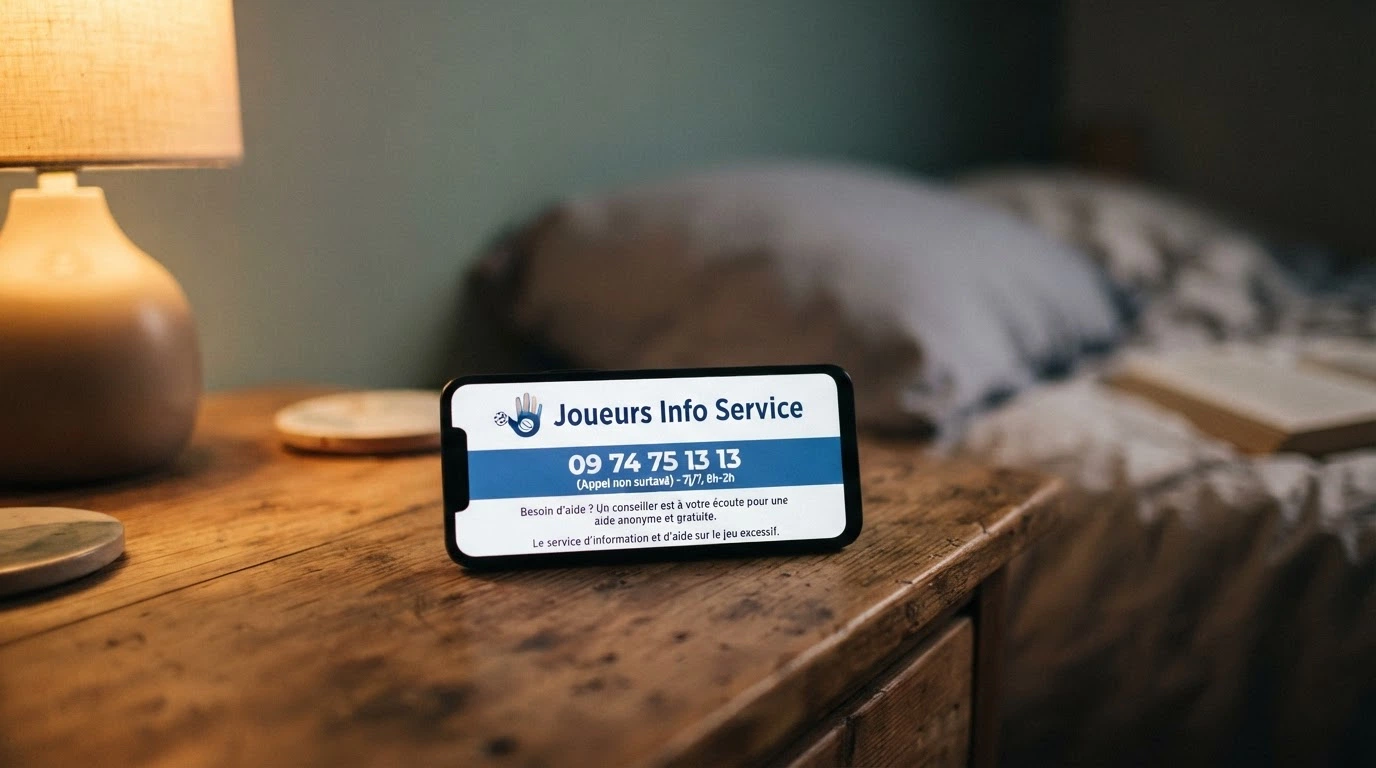 Un écran affichant la page d'accueil de Joueurs Info Service (09 74 75 13 13) et le logo Evalujeu