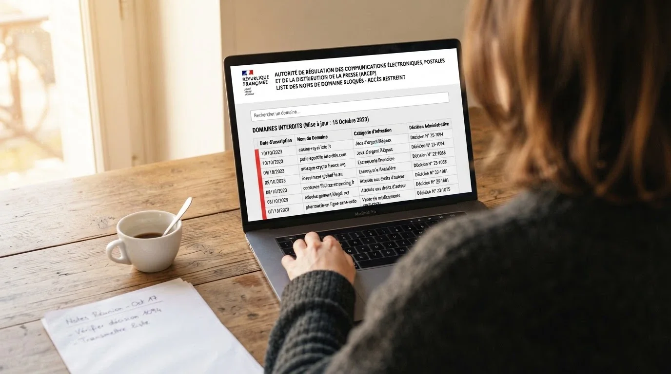 Interface de consultation de la liste des sites bloqués par l'ANJ avec le logo de l'autorité