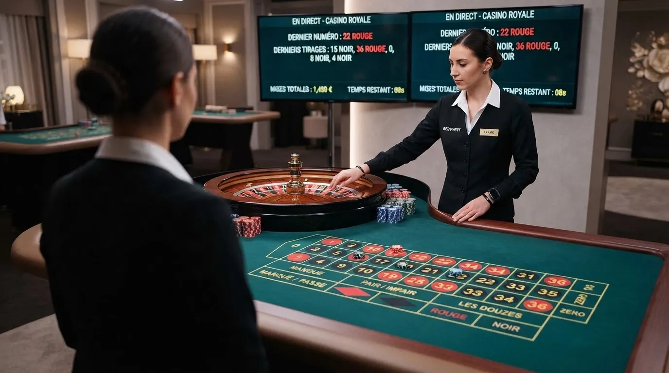 Table de roulette en direct avec croupier professionnel, interface de casino visible à l'écran