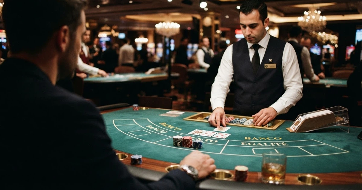 Une table de punto banco en direct filmée en plan large, le croupier distribuant les cartes sur un tapis vert, les zones de mise Banco et Punto visibles