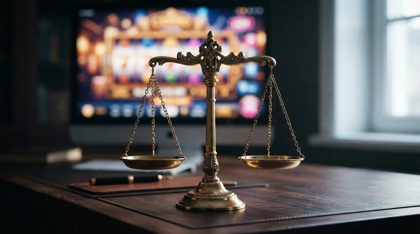 Une balance de justice au premier plan, un écran de casino en arrière-plan flouté