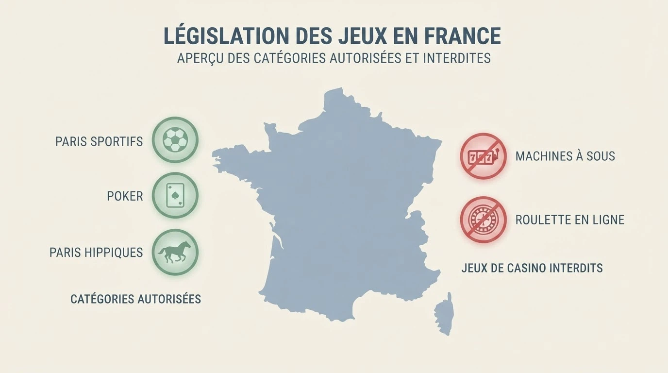 Une carte de la France avec des icônes représentant les jeux d'argent autorisés (pari sportif, poker, hippique) et barrés (machine à sous, roulette)