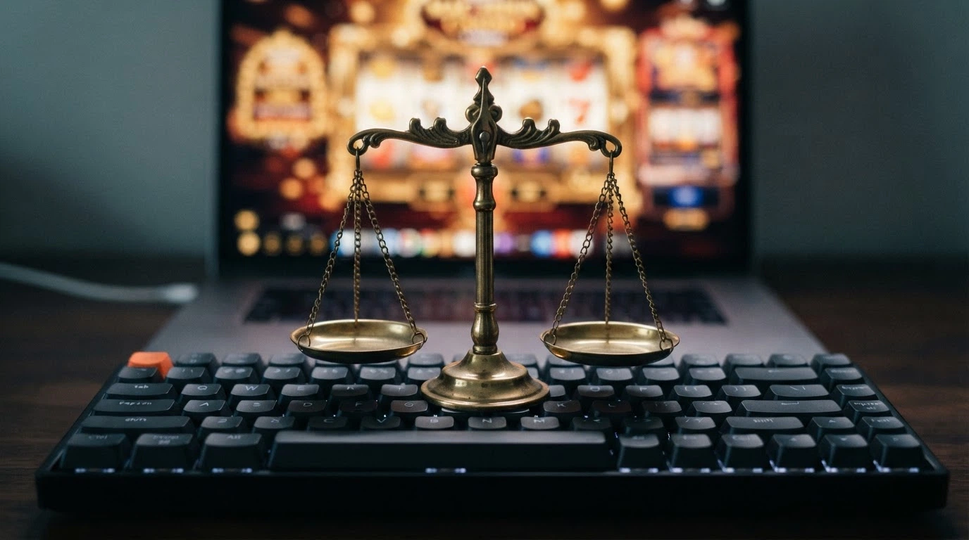 Une balance de justice posée sur un clavier d'ordinateur, avec en arrière-plan flouté l'écran d'accueil d'un casino en ligne.