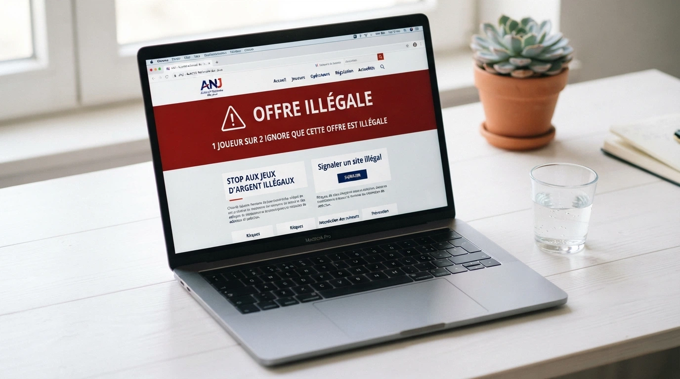 Capture d'écran du site de l'ANJ (Autorité nationale des jeux) montrant la liste des opérateurs agréés et le bandeau d'information sur l'offre illégale