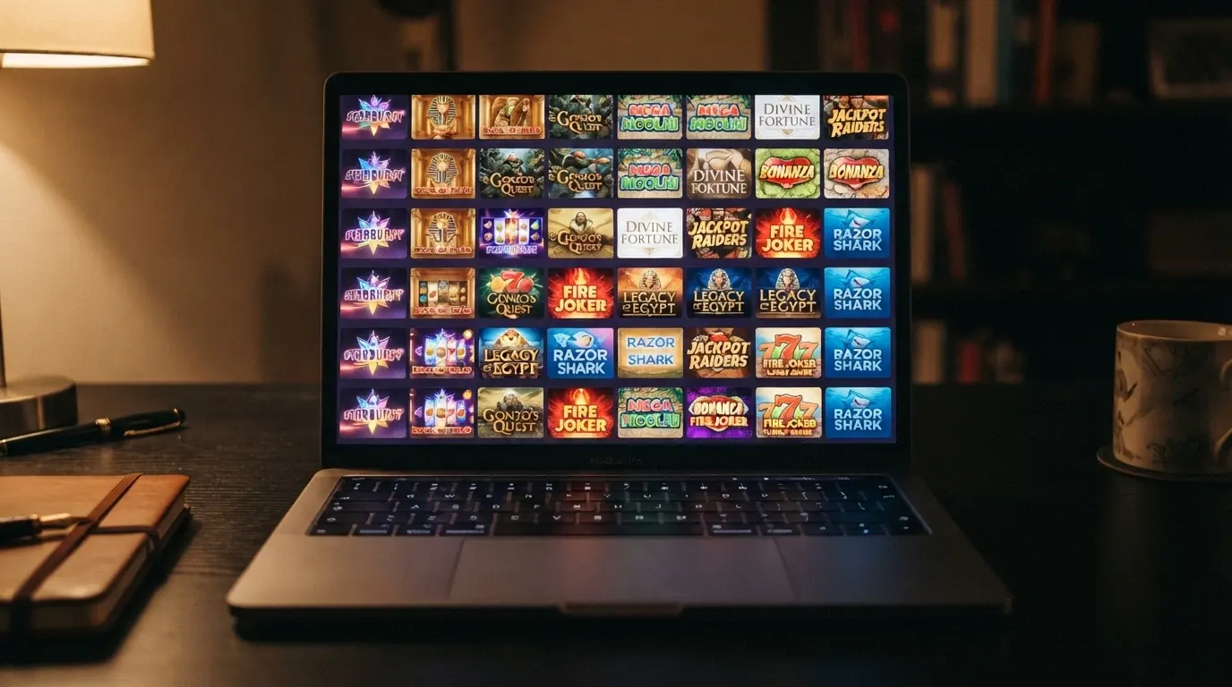 Interface d'un casino en ligne affichant une grille de machines à sous colorées, accessible en Litecoin