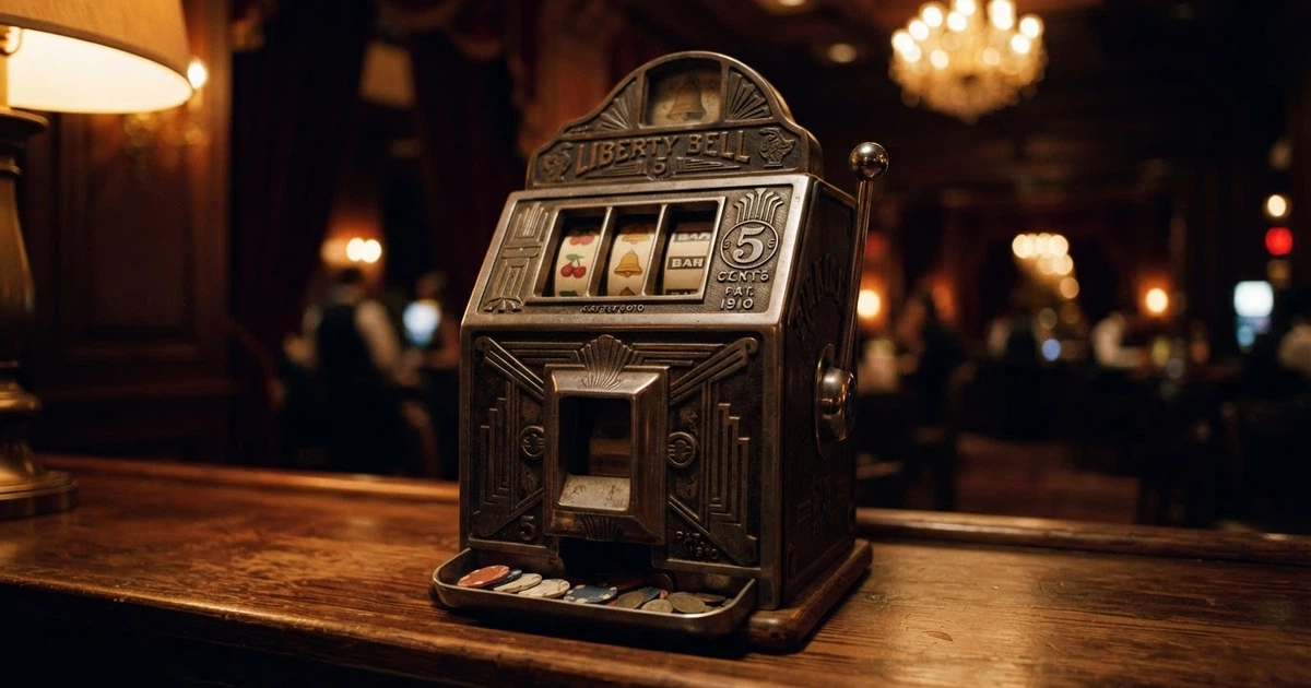 Une machine à sous mécanique vintage avec son levier latéral caractéristique, éclairée sur un fond de casino tamisé
