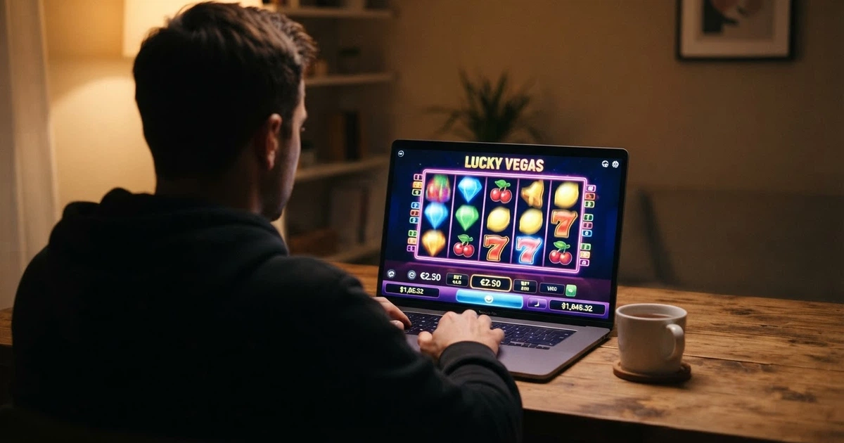 Interface d'une machine à sous en ligne en mode démonstration, rouleaux visibles et solde virtuel affiché, sur fond d'écran d'ordinateur