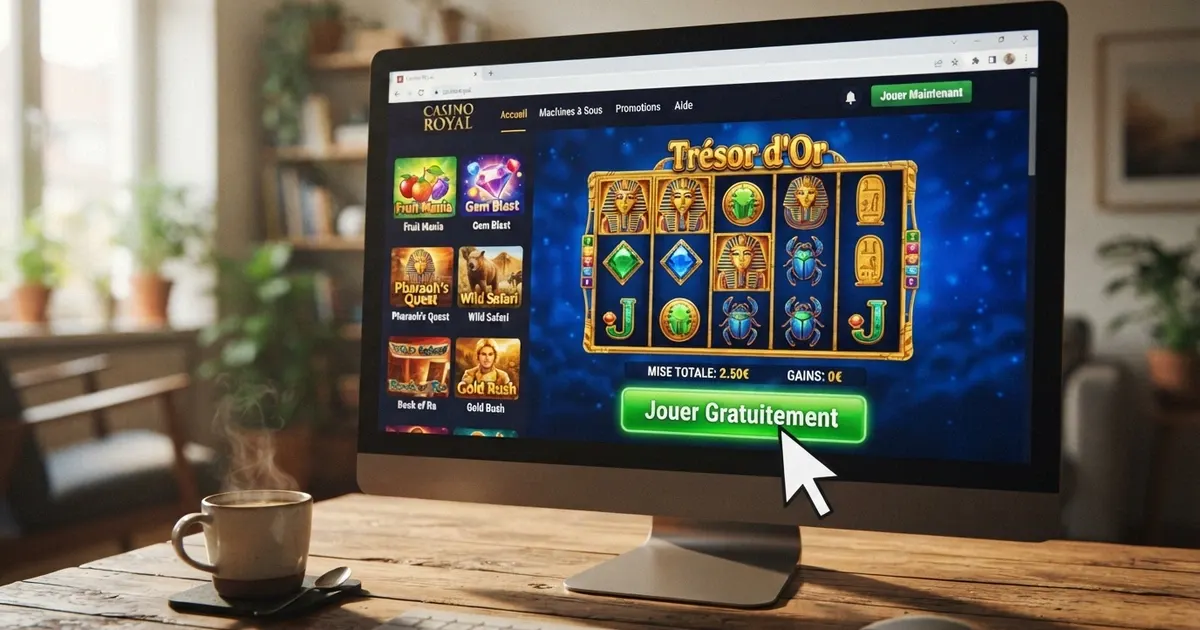 Une grille de machines à sous colorées affichée dans un navigateur, avec le bouton « Jouer gratuitement » visible, sans fenêtre de téléchargement ni formulaire d'inscription