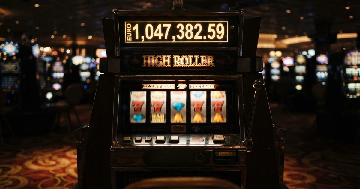 Roue de machine à sous multicolore encadrant un jackpot lumineux à sept chiffres, fond sombre de casino