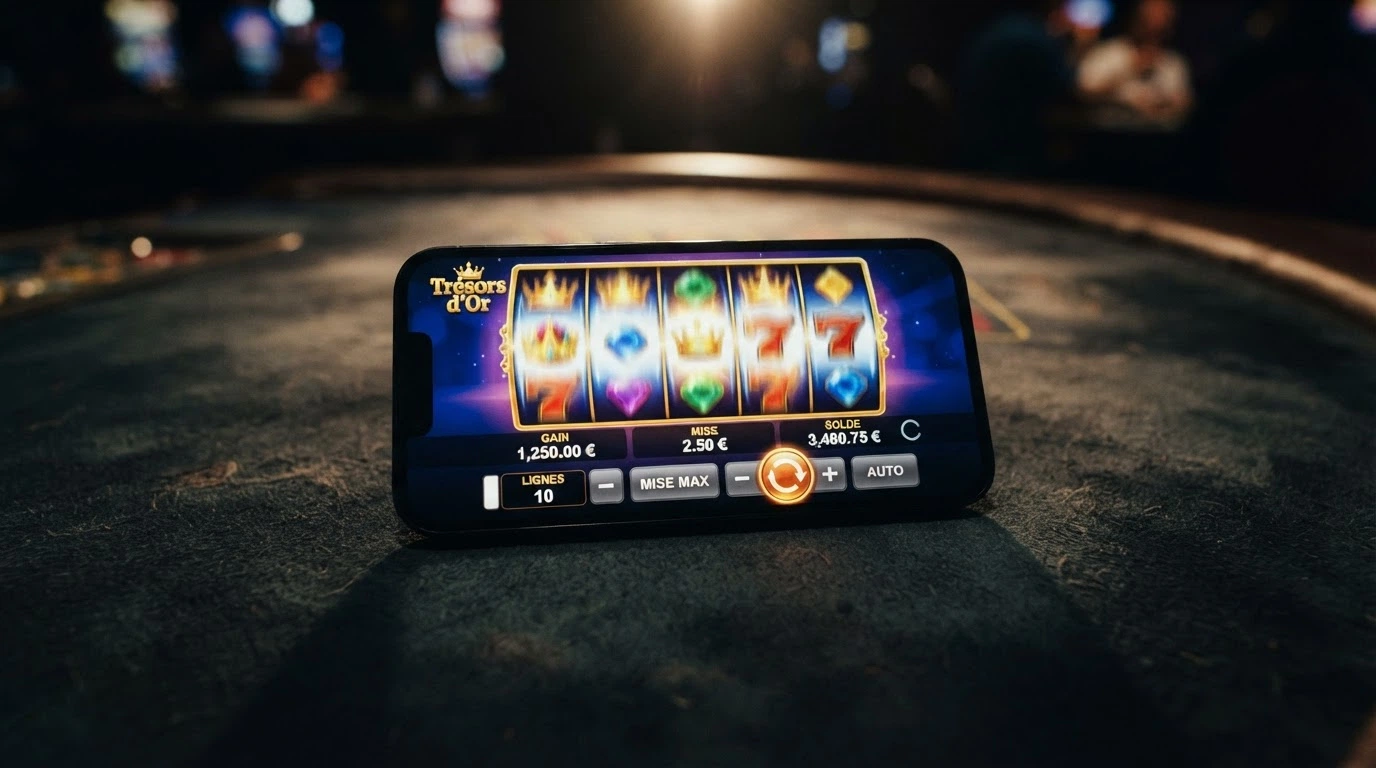 iPhone tenu en mode paysage affichant l'écran de jeu d'une machine à sous en ligne dans Safari, avec les rouleaux visibles, le solde en crédits virtuels et les boutons tactiles de mise