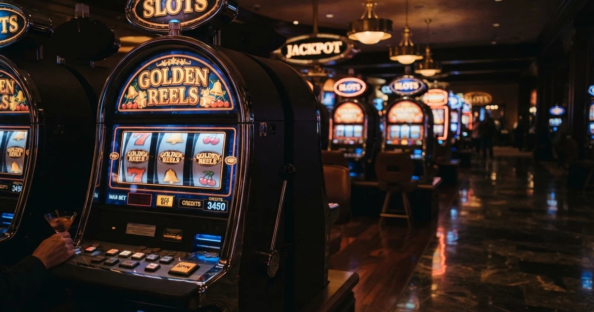 Une rangée de machines à sous colorées dans une salle de casino, écrans allumés affichant des rouleaux et des symboles, ambiance tamisée