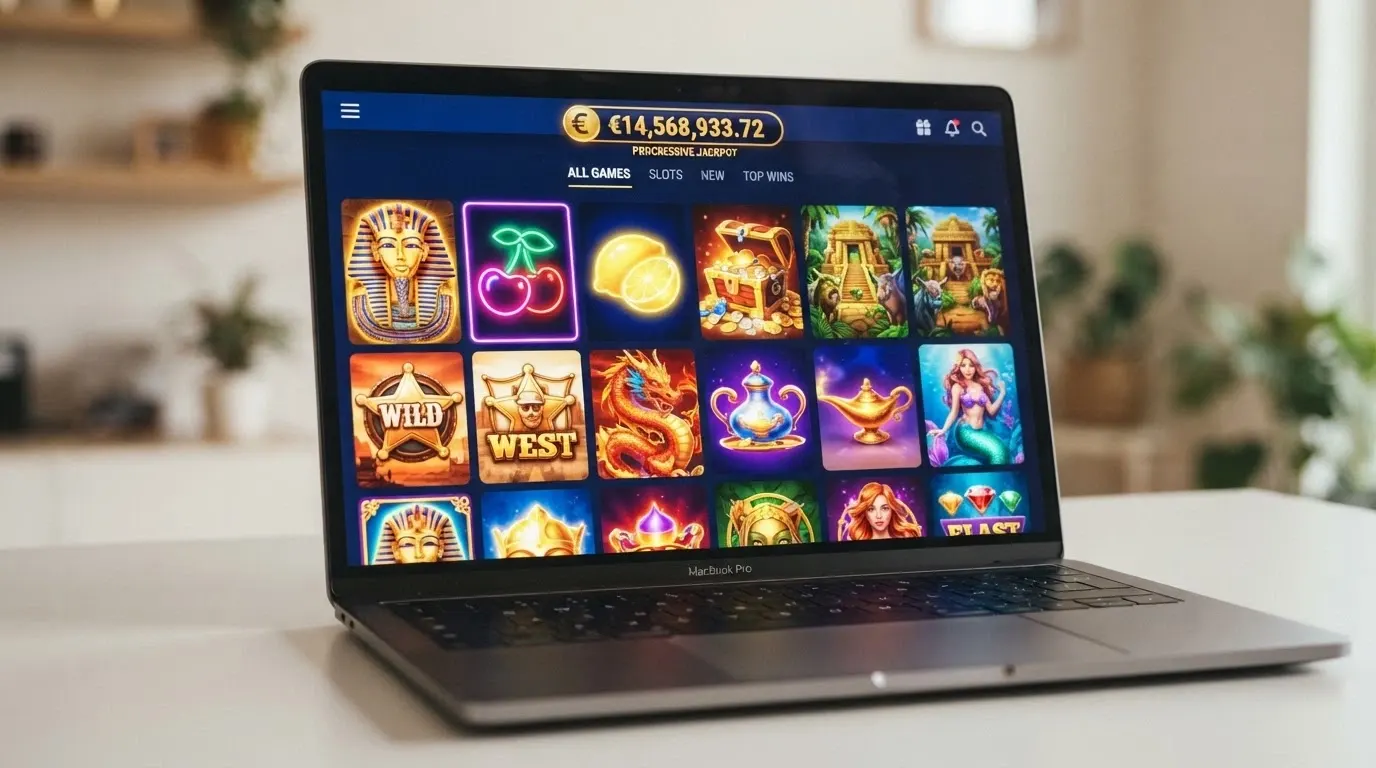 Écran de casino en ligne affichant une grille de machines à sous colorées avec des jackpots progressifs visibles en haut de l'interface