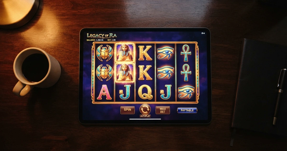 Capture d'écran de la machine à sous Cleopatra d'IGT affichant ses symboles égyptiens (scarabée, sphinx, œil d'Horus) sur une grille de 5 rouleaux et 3 rangées