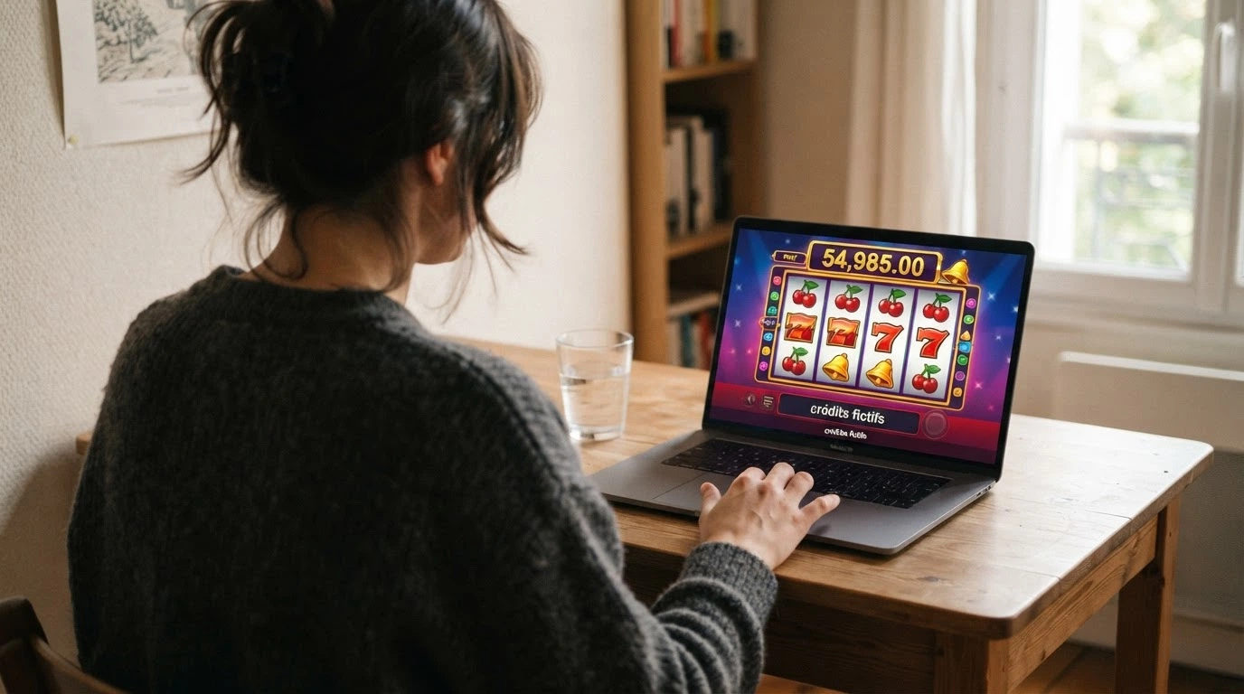 Un écran d'ordinateur affichant une machine à sous en mode démo avec le compteur « crédits fictifs » bien visible