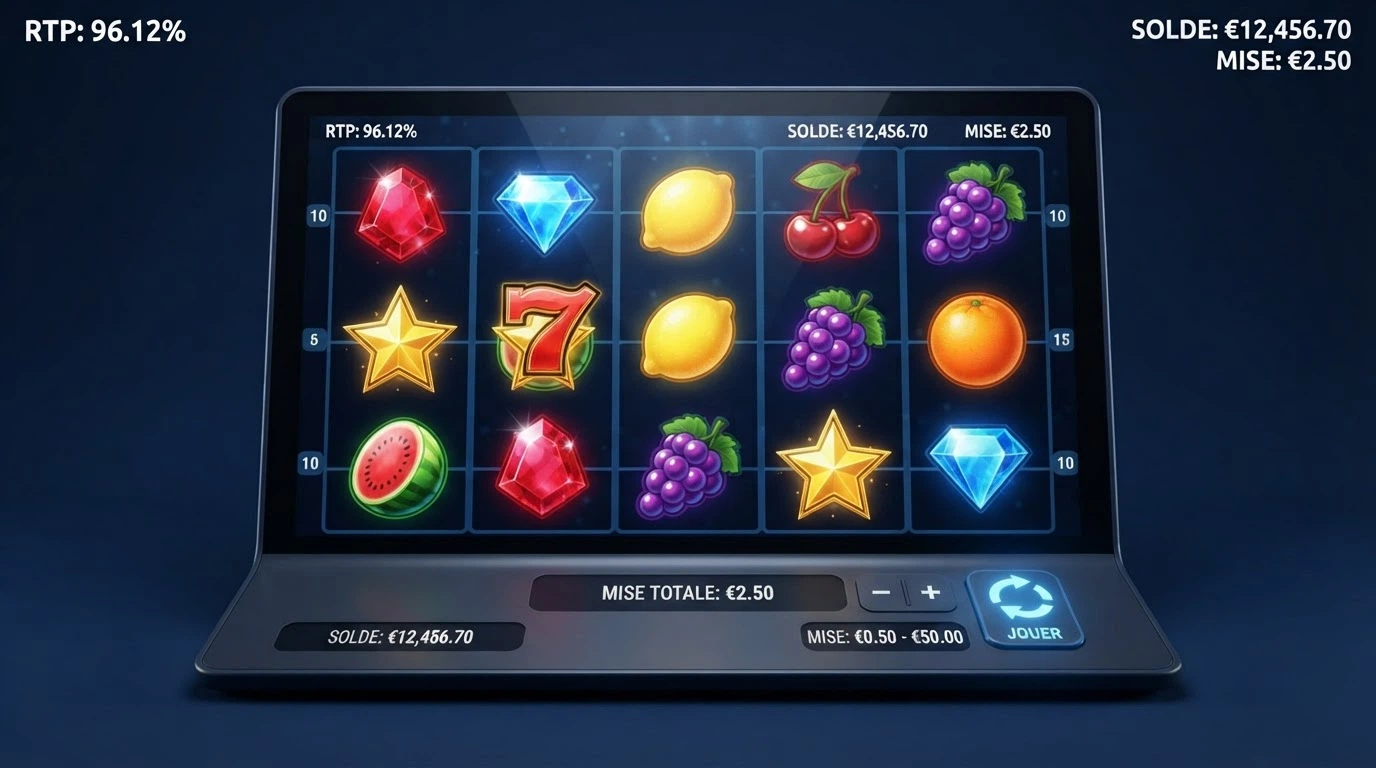 Écran de jeu d'une machine à sous en mode démo affichant les rouleaux, le RTP et les boutons de mise virtuelle sur un fond de casino