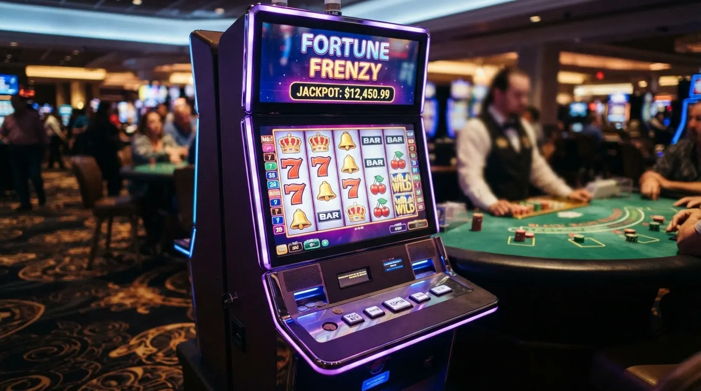 Écran partagé entre une machine à sous colorée, une table de blackjack et un croupier en direct