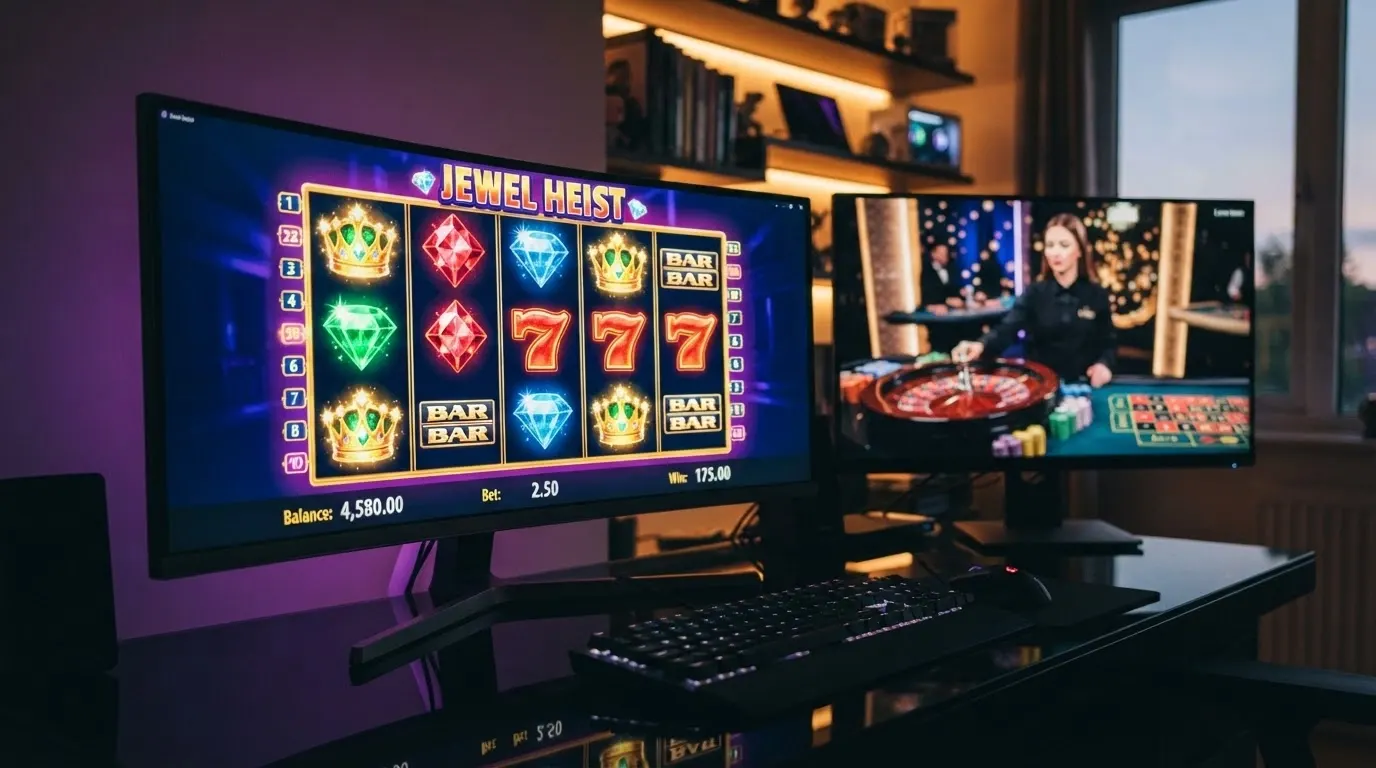 Une grille de machines à sous lumineuses affichée sur un écran, une table de roulette live visible en arrière-plan