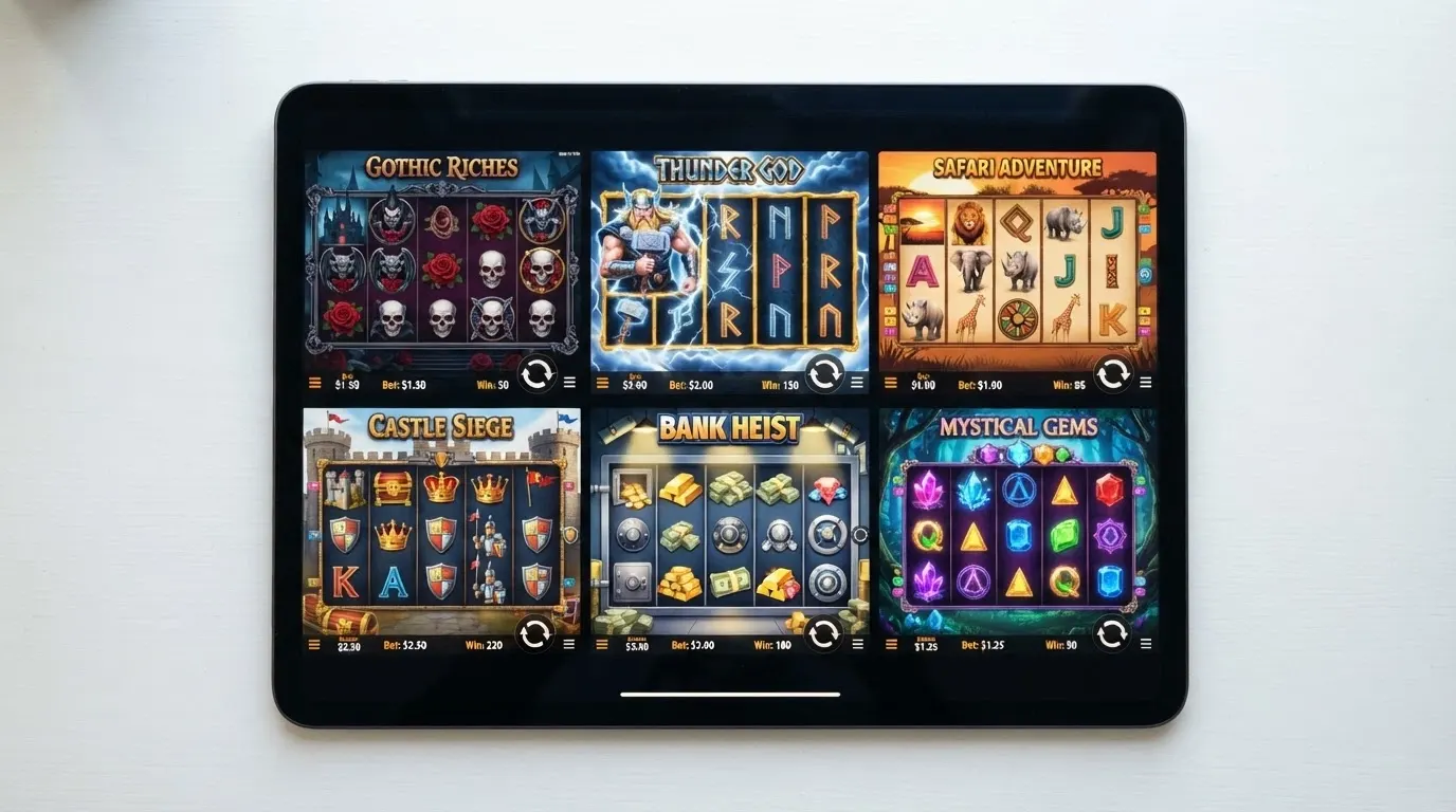Six tuiles de machines à sous Microgaming côte à côte dont Immortal Romance, Mega Moolah et Thunderstruck II