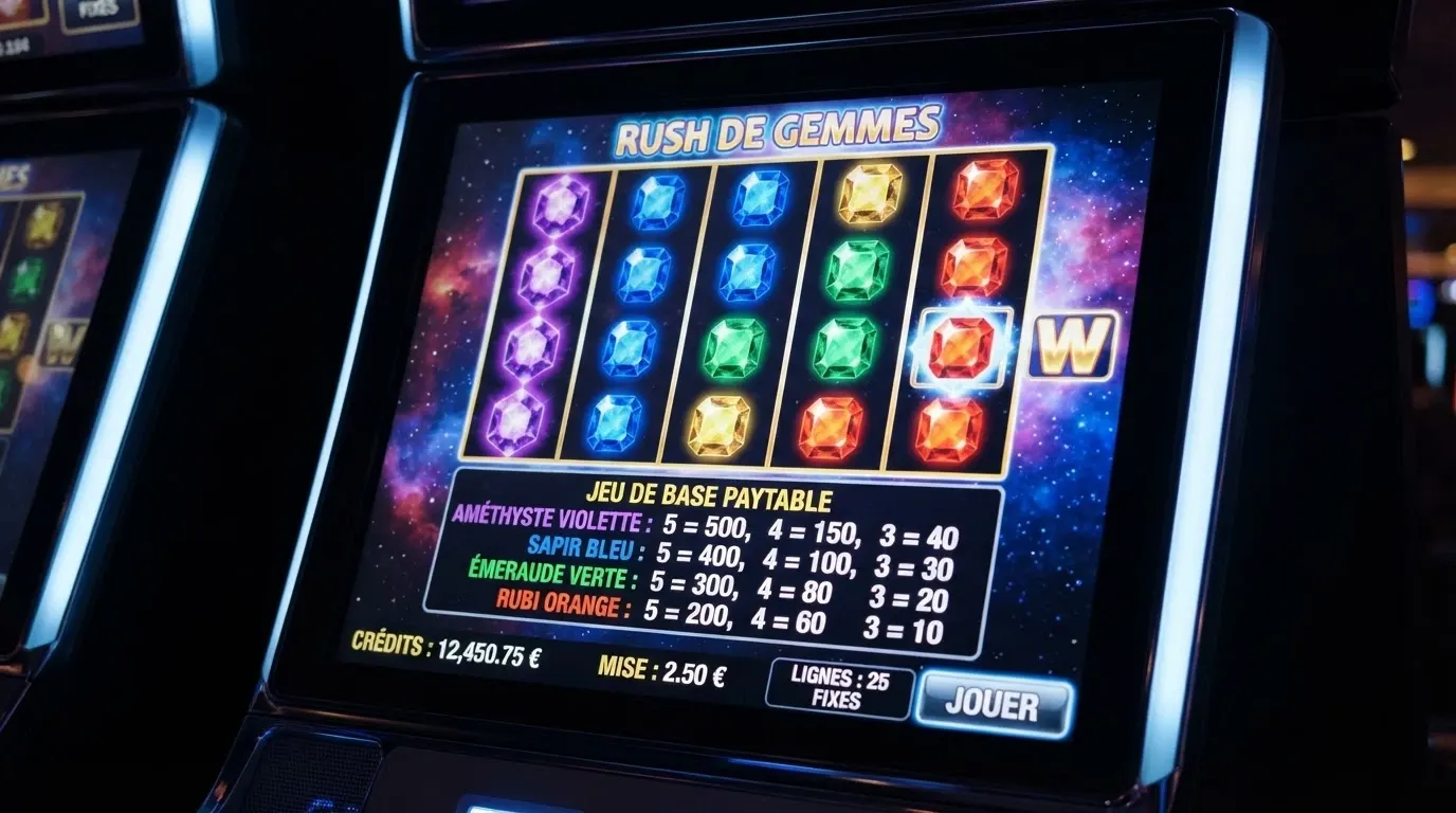 Écran de la machine à sous Starburst avec ses gemmes colorées et le râteau de gains affiché