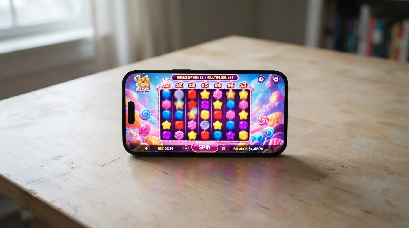 Interface du slot Sweet Bonanza de Pragmatic Play avec ses symboles de bonbons colorés, multiplicateurs et grille 6×5