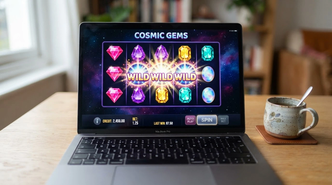 Capture d'écran du slot Starburst de NetEnt, rouleaux illuminés de gemmes multicolores, wilds expansifs visibles sur les rouleaux centraux.