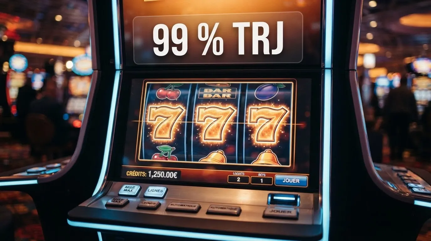 Une grille de machine à sous avec les rouleaux alignés sur un 7, et un pourcentage « 99 % RTP » affiché en surbrillance