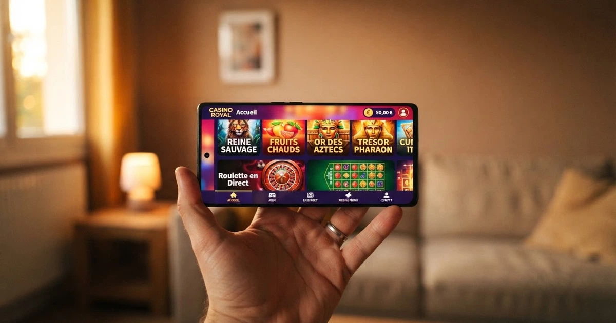 Un smartphone tenu en main affichant l'écran d'accueil d'une application de casino avec des vignettes de machines à sous, une icône de roulette et un menu de navigation en bas de l'écran