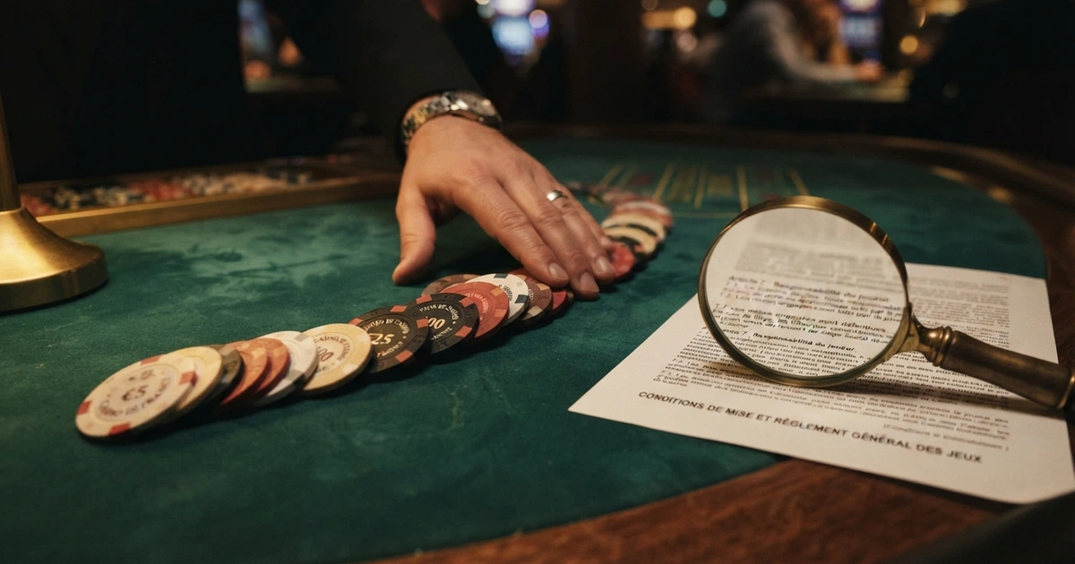 Une main qui écarte des jetons de casino sur un tapis vert, avec une loupe posée sur les petits caractères d'un contrat