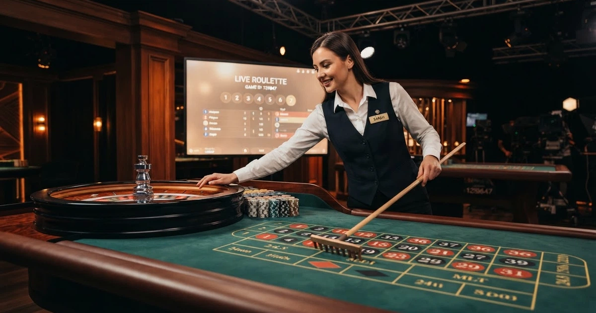 Un croupier en direct filmé en plan large dans un studio de casino, cartes ou roulette visibles, éclairage chaleureux de salon live professionnel