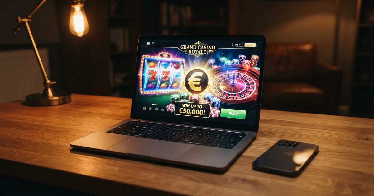 Écran d'ordinateur affichant la page d'accueil d'un site de casino en ligne avec une bannière de bonus de bienvenue, posé sur un bureau à côté d'un smartphone