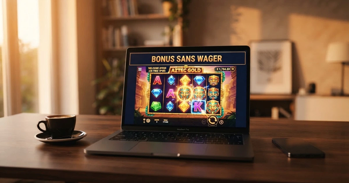 Capture d'écran d'un casino en ligne affichant un bandeau « bonus sans wager — sans condition de mise » à côté d'un compteur de gains immédiatement retirables